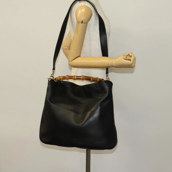 GUCCI Bamboo Shoulder Bag Leather 2way Black Gold 001 1998 1577 Auth 139142 - Picture 1 of 16